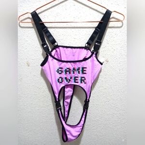 Women's Game Over Graphic One Peace Micro Mini Bikini Swimsuit Purple Black XS